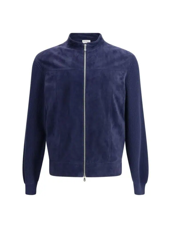 Dark blue men's zip-up suede and ribbed knit bomber jacket, stylish and luxurious outerwear for upscale fashion.