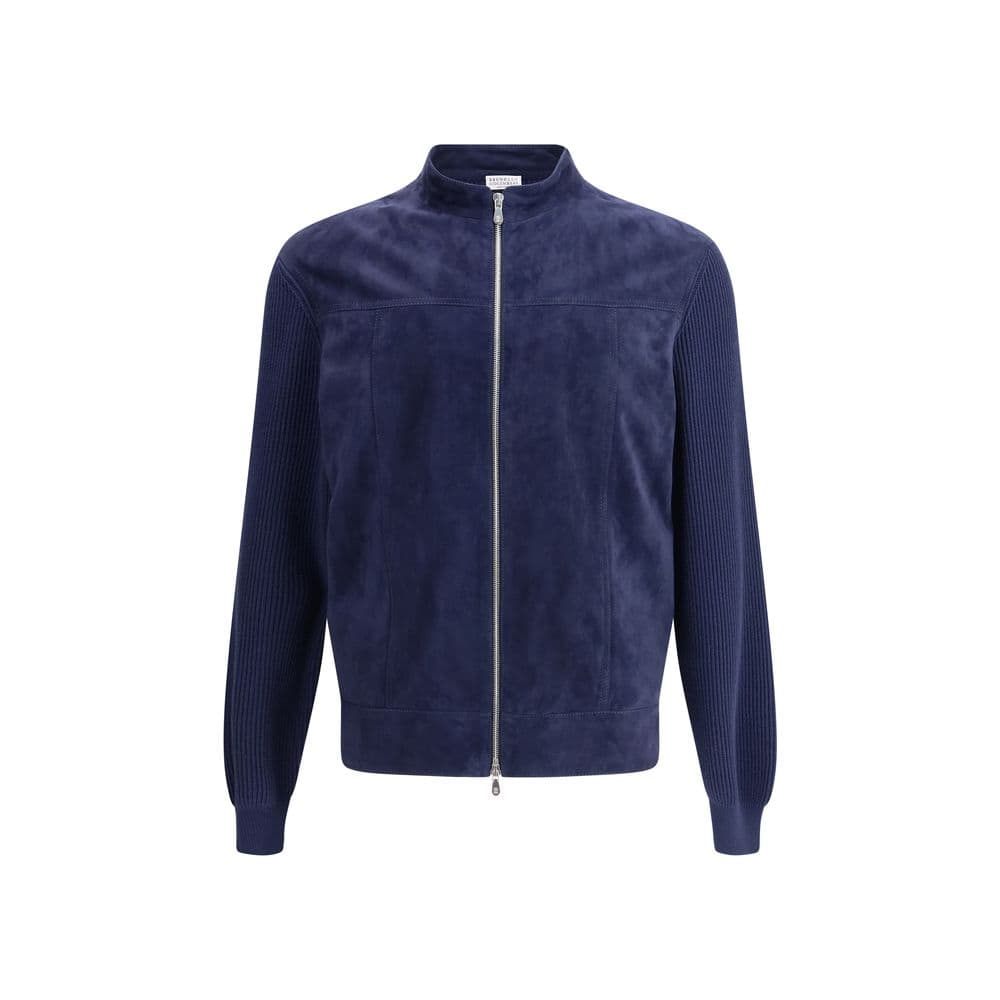 Dark blue men's zip-up suede and ribbed knit bomber jacket, stylish and luxurious outerwear for upscale fashion.