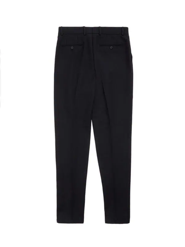 Tailored black dress pants with belt loops, front pleats, and back buttoned pockets for a sophisticated men's wardrobe essential.
