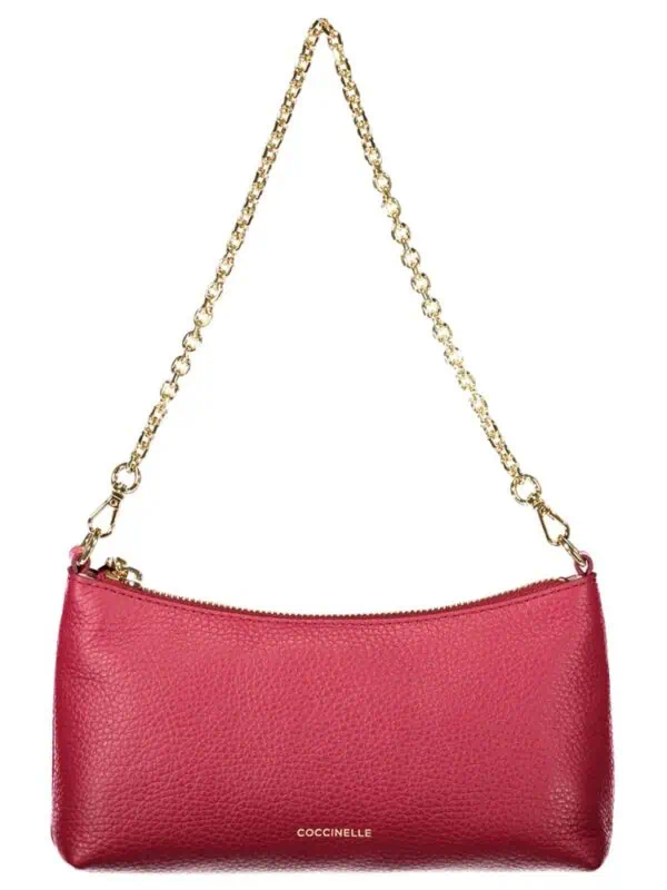 Lux Brands red leather wristlet with gold chain strap, stylish accessory for evening and formal occasions. Perfect for carrying essentials with elegance.