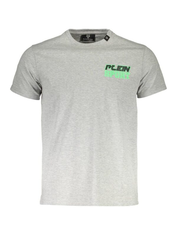 Graphic grey T-shirt with "PLEIN SPORT" logo in green on the chest, casual men's fashion, made from soft cotton blend for comfort and style.