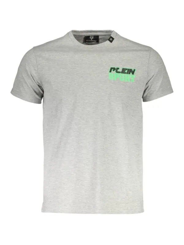 Graphic grey T-shirt with "PLEIN SPORT" logo in green on the chest, casual men's fashion, made from soft cotton blend for comfort and style.