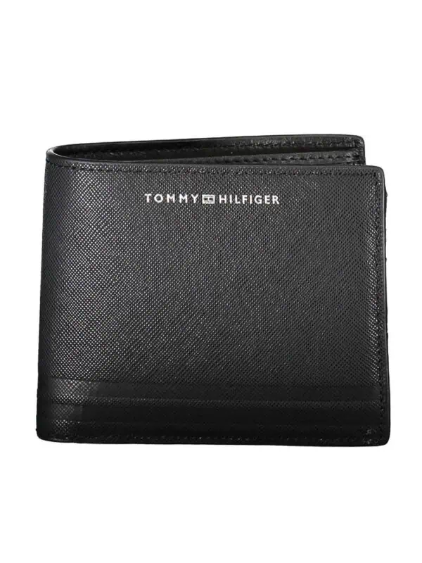 Black Tommy Hilfiger men's wallet with textured leather exterior and brand logo.