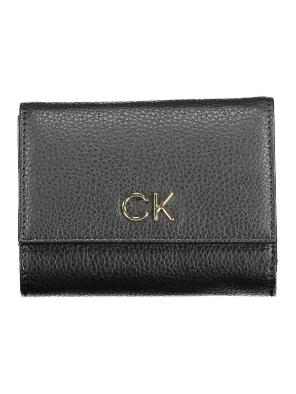Leather black wallet with gold "CK" initials from Calvin Klein, designed for stylish everyday use.