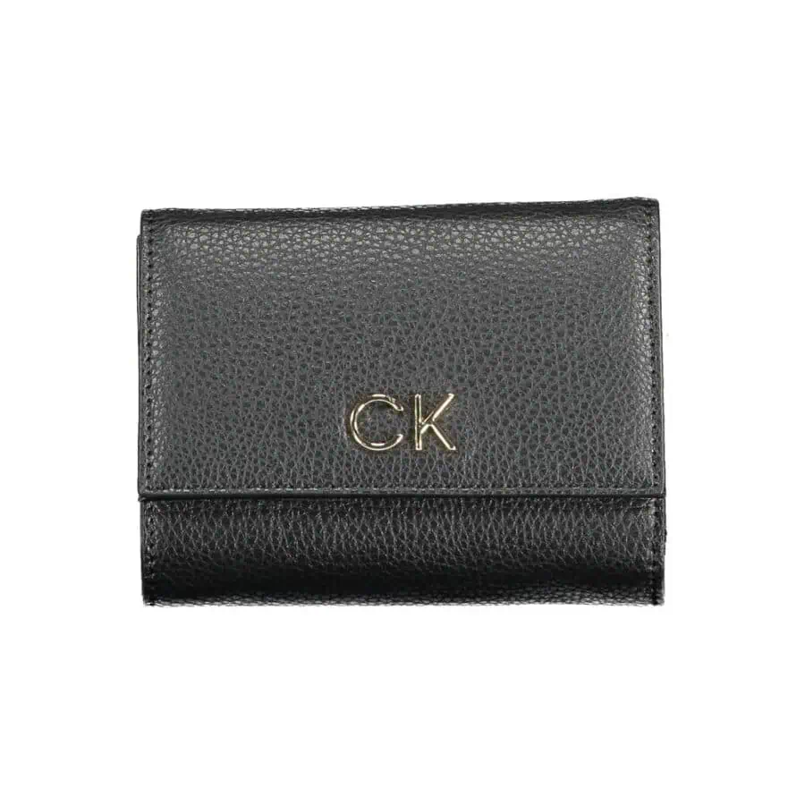 Leather black wallet with gold "CK" initials from Calvin Klein, designed for stylish everyday use.