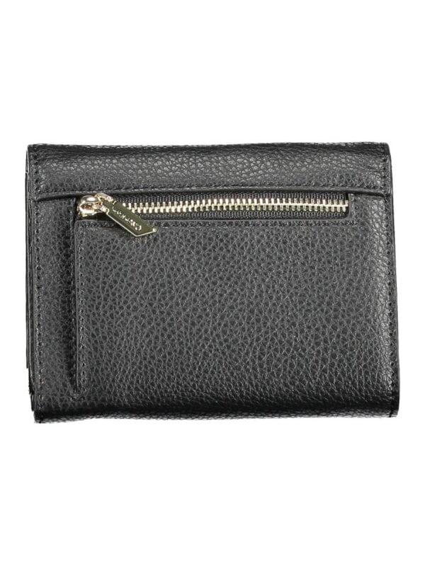Black textured leather wallet with zippered coin pocket and gold-tone hardware.