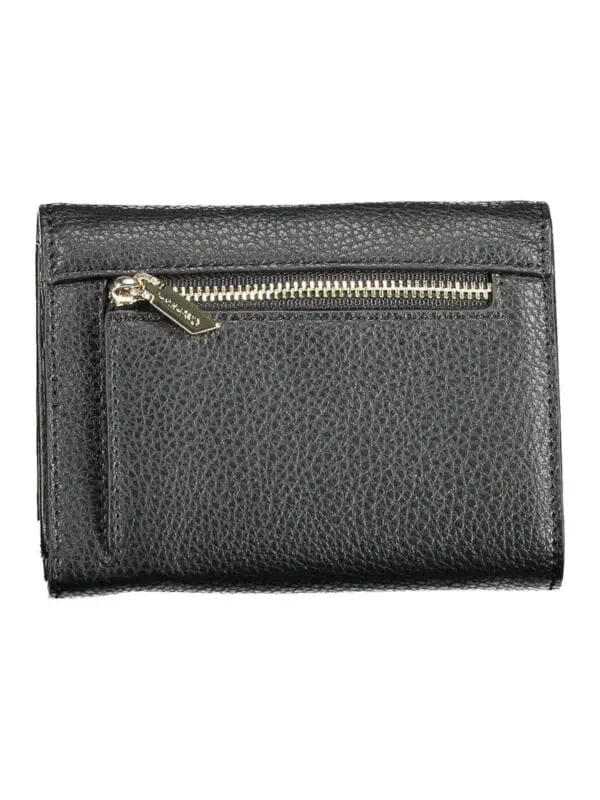 Black textured leather wallet with zippered coin pocket and gold-tone hardware.