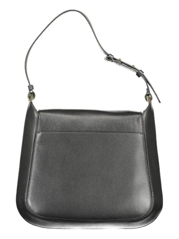 Stylish black leather handbag with adjustable shoulder strap, sleek design, perfect for everyday use and fashion-forward occasions. Ideal for carrying essentials with sophistication.
