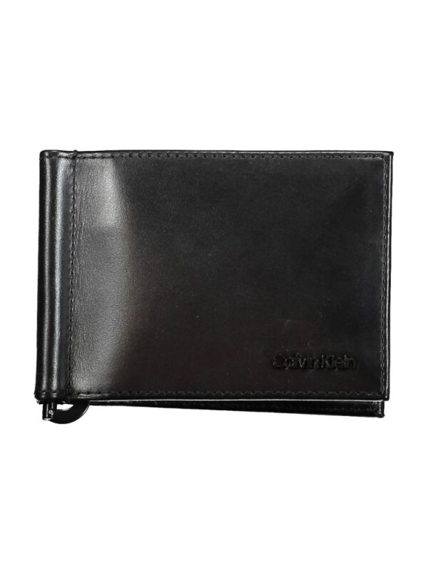 Black Calvin Klein leather wallet with embossed logo, slim and stylish design for men's accessories.