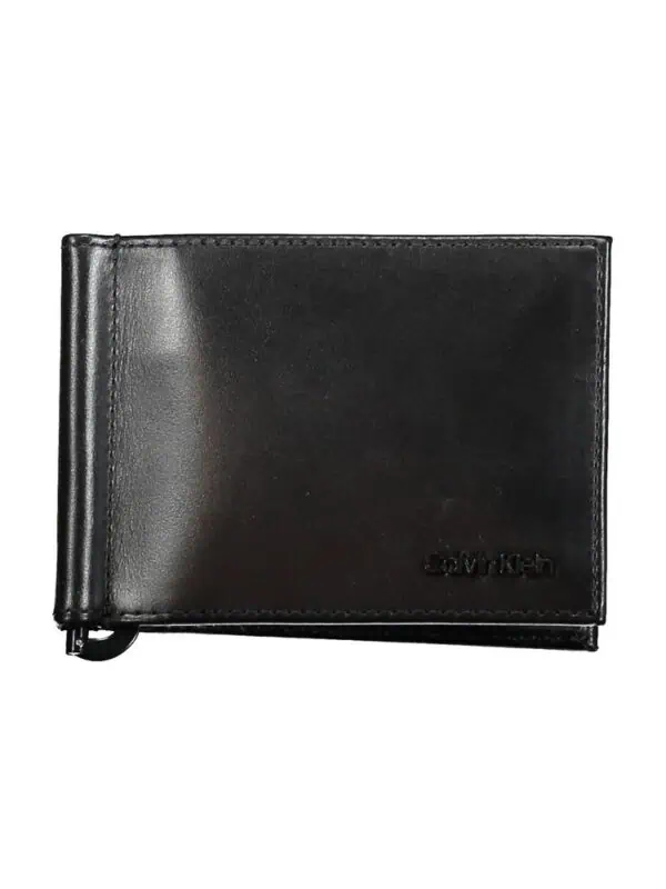 Black Calvin Klein leather wallet with embossed logo, slim and stylish design for men's accessories.