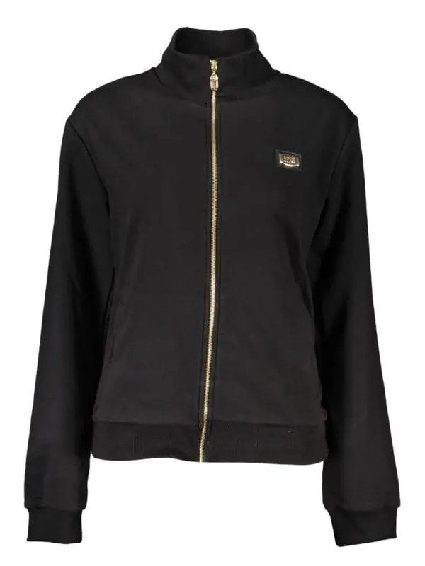 Black zip-up track jacket with gold accents and logo patch, stylish athletic wear for casual or active lifestyle. Perfect for comfort and fashion statement.