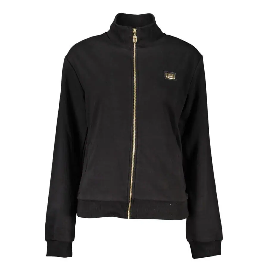Black zip-up track jacket with gold accents and logo patch, stylish athletic wear for casual or active lifestyle. Perfect for comfort and fashion statement.
