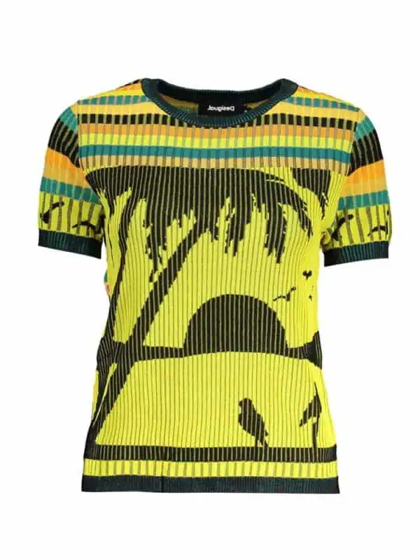 Bright yellow graphic striped short-sleeve knit T-shirt with black abstract print and colorful horizontal stripes for a bold, trendy look. Perfect for casual, stylish outfits.