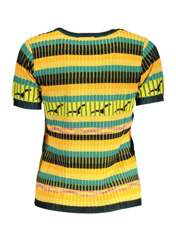 Vibrant multicolor striped knit dress with short sleeves, black ribbed collar and hem, featuring an abstract pattern and bold color palette for a modern, eye-catching look.