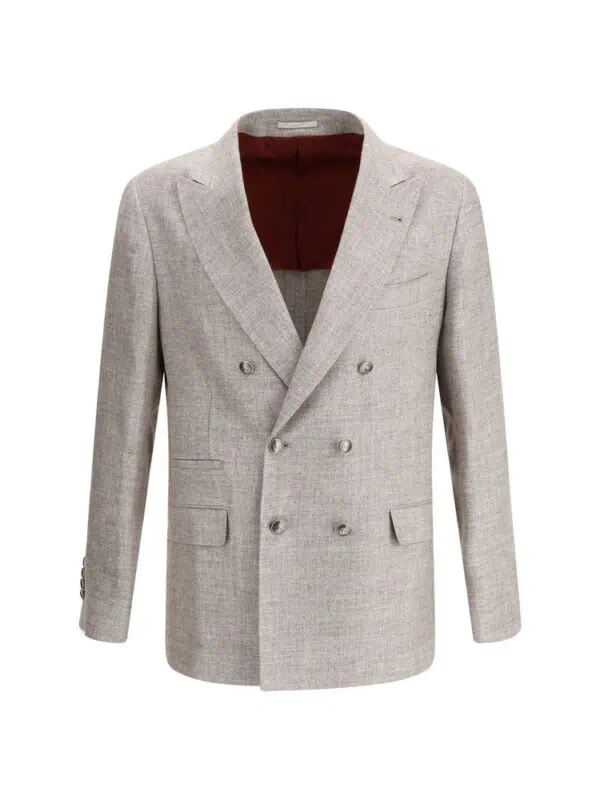 Lux Brands men's beige double-breasted wool blazer with peak lapels, tailored for a sophisticated and stylish look. Perfect for formal occasions and professional settings.