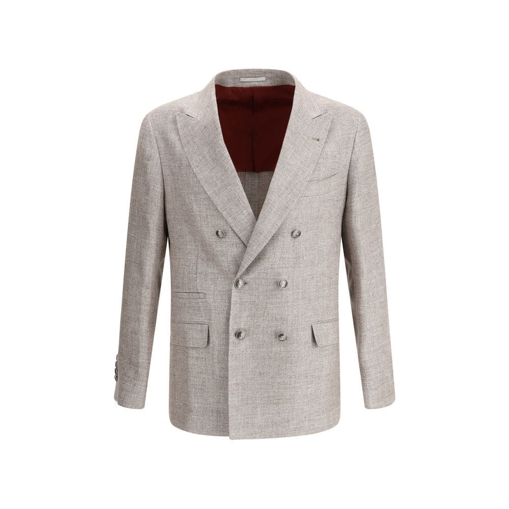 Lux Brands men's beige double-breasted wool blazer with peak lapels, tailored for a sophisticated and stylish look. Perfect for formal occasions and professional settings.