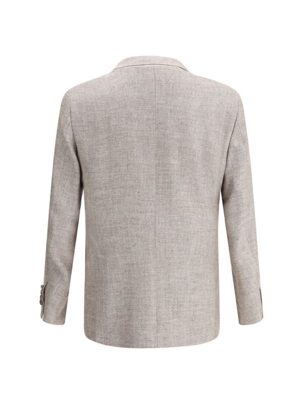 Beige men's tailored blazer with a slim fit, classic lapel, and premium fabric from Lux Brands. Perfect for formal or business occasions with stylish button details on the sleeves.