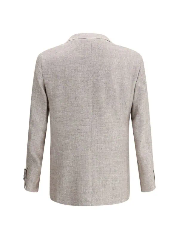 Beige men's tailored blazer with a slim fit, classic lapel, and premium fabric from Lux Brands. Perfect for formal or business occasions with stylish button details on the sleeves.