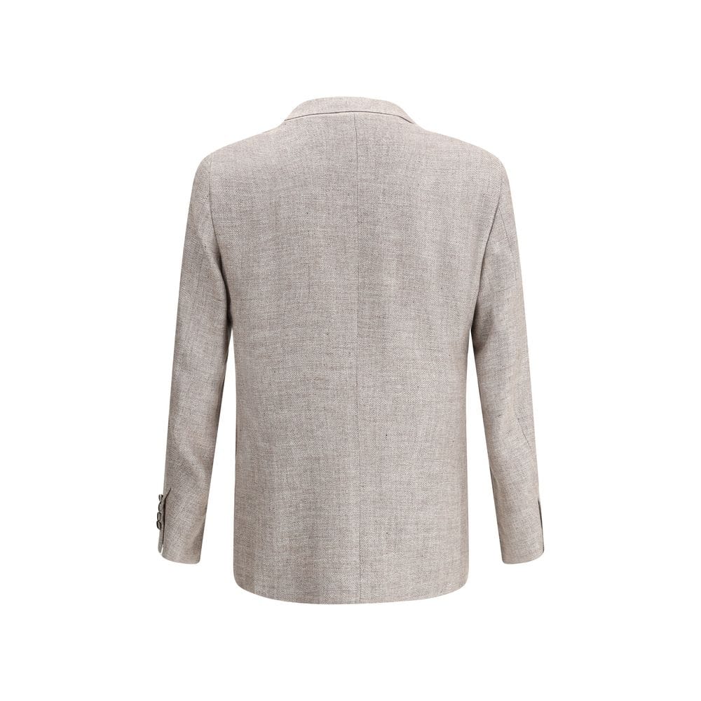 Beige men's tailored blazer with a slim fit, classic lapel, and premium fabric from Lux Brands. Perfect for formal or business occasions with stylish button details on the sleeves.