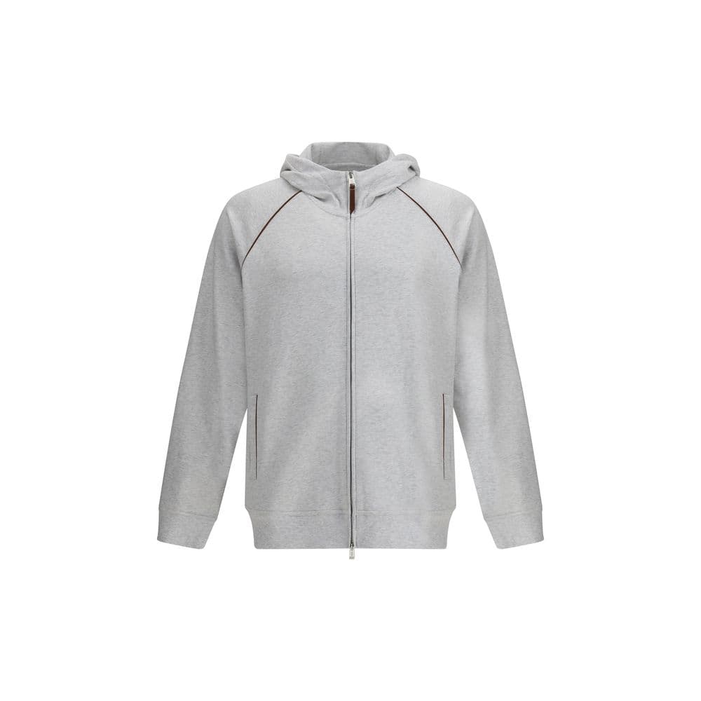 Soft grey zip-up hoodie with a comfortable fit and stylish piping details, perfect for casual wear. Luxurious, high-quality fabric offers warmth and style for men and women.
