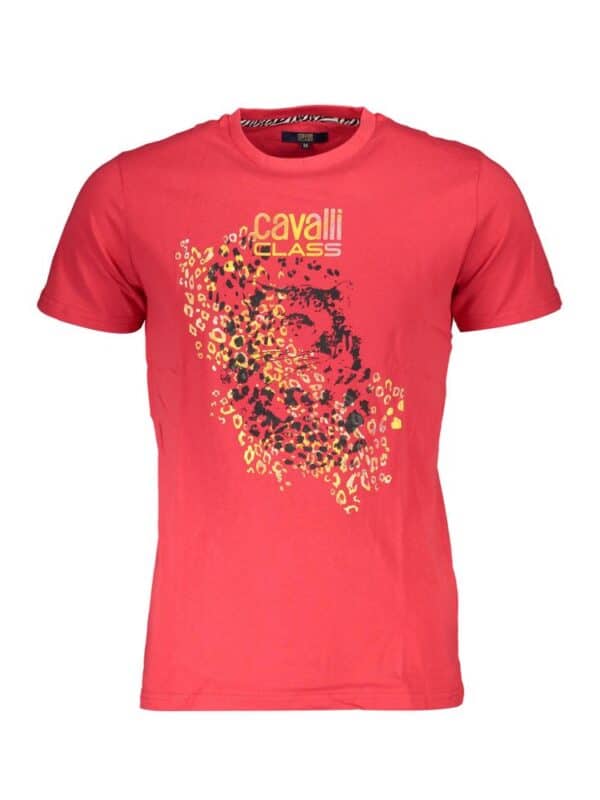 Vibrant red Cavalli Class graphic t-shirt with leopard print design and brand logo. Perfect for adding a bold, stylish touch to casual outfits. Made from high-quality fabric for comfort and durability.