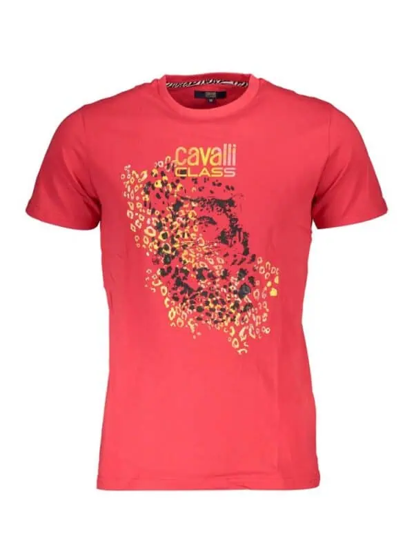 Vibrant red Cavalli Class graphic t-shirt with leopard print design and brand logo. Perfect for adding a bold, stylish touch to casual outfits. Made from high-quality fabric for comfort and durability.