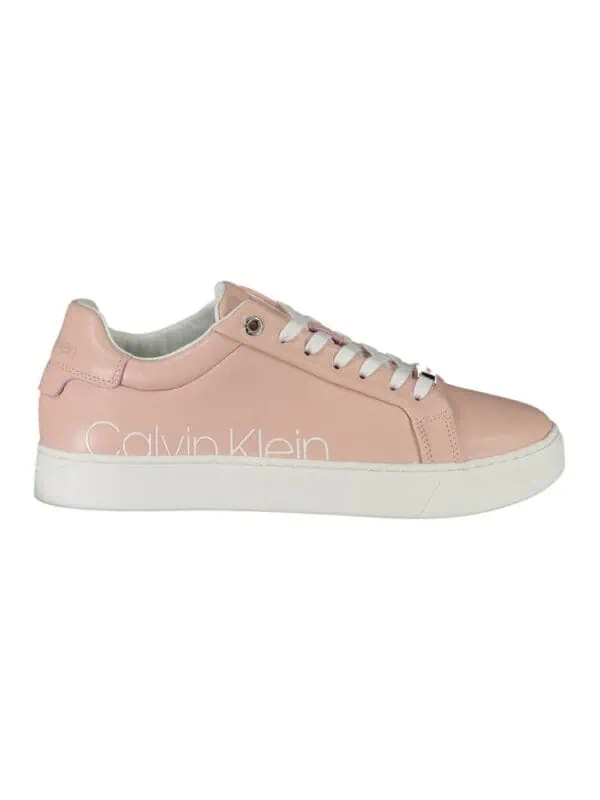 Calvin Klein pink leather sneakers with white sole and logo detail for casual wear.