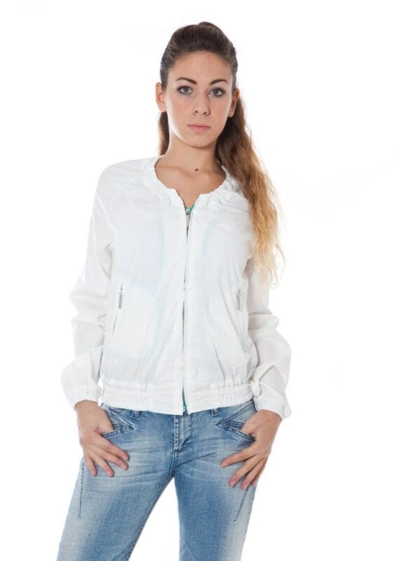 Light white bomber jacket with zip closure and side pockets, casual and stylish for women.