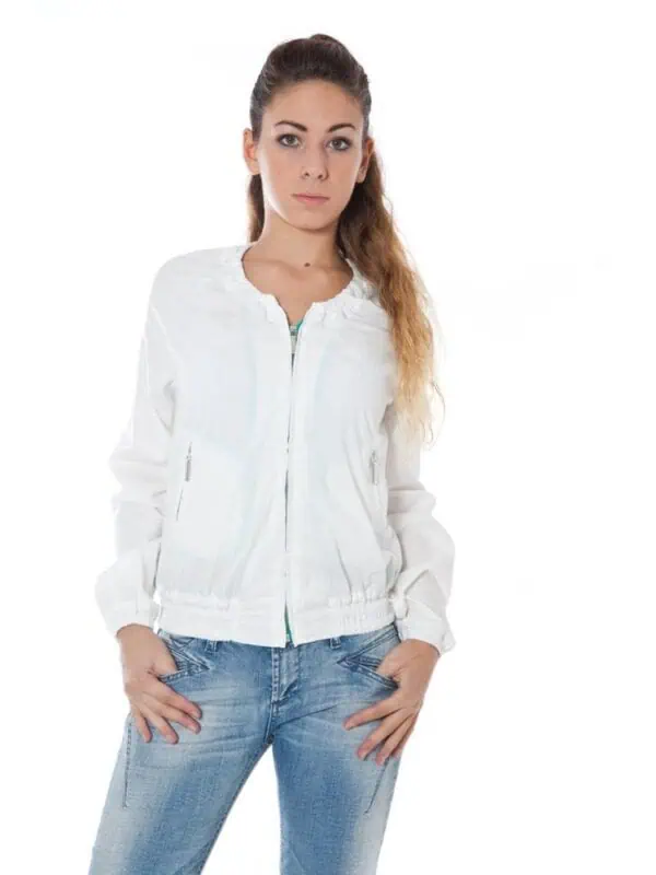 Light white bomber jacket with zip closure and side pockets, casual and stylish for women.