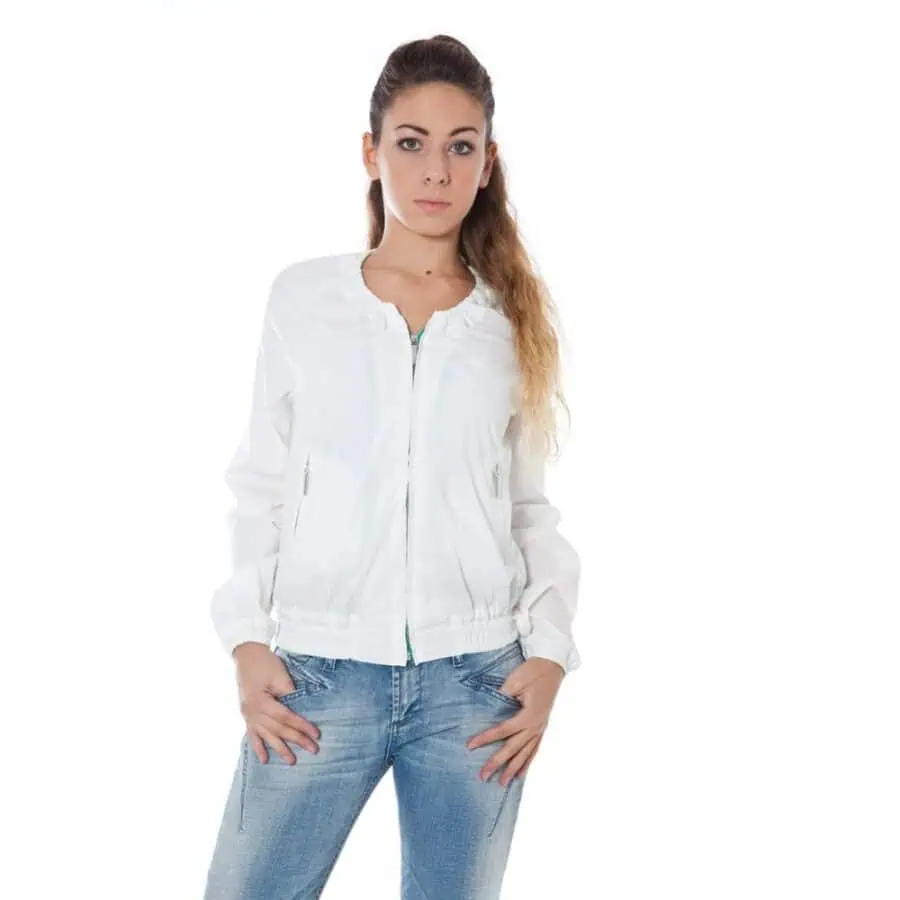 Light white bomber jacket with zip closure and side pockets, casual and stylish for women.