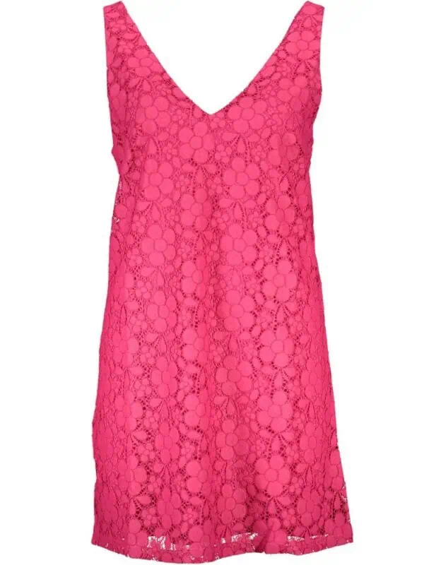 Vibrant pink lace sleeveless dress with floral embroidery, V-neckline, and a stylish fit for elegant occasions and summer events. Perfect for stylish women who love bright, intricate designs.
