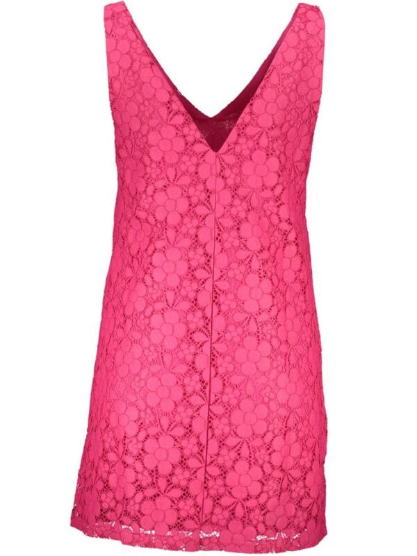 Vivid pink lace sleeveless dress with deep V neckline, floral pattern, and elegant silhouette, perfect for stylish occasions and summer events.