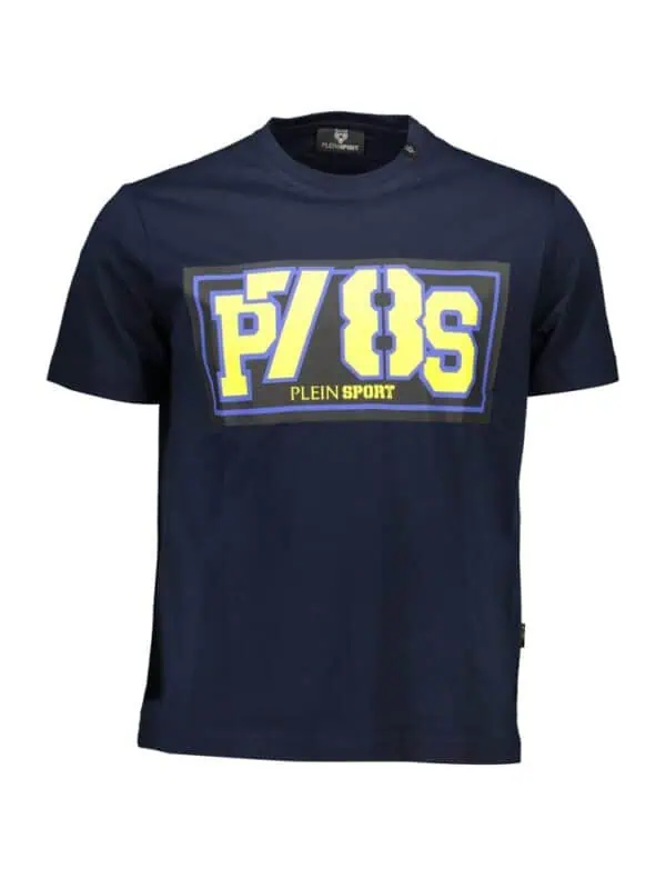 Plein Sport men's navy graphic T-shirt with bold logo print, casual athletic style, perfect for streetwear and sports enthusiasts.