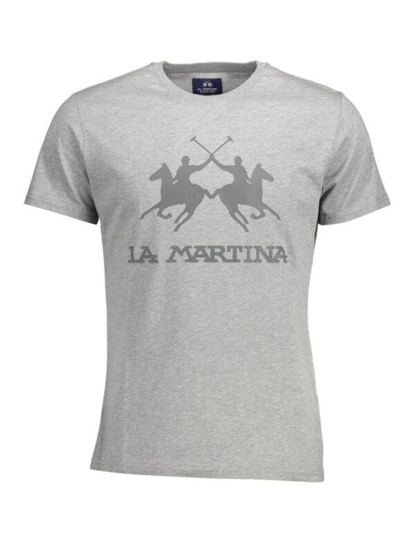 Lux Brands La Martina men's grey graphic t-shirt with polo players illustration and brand logo.