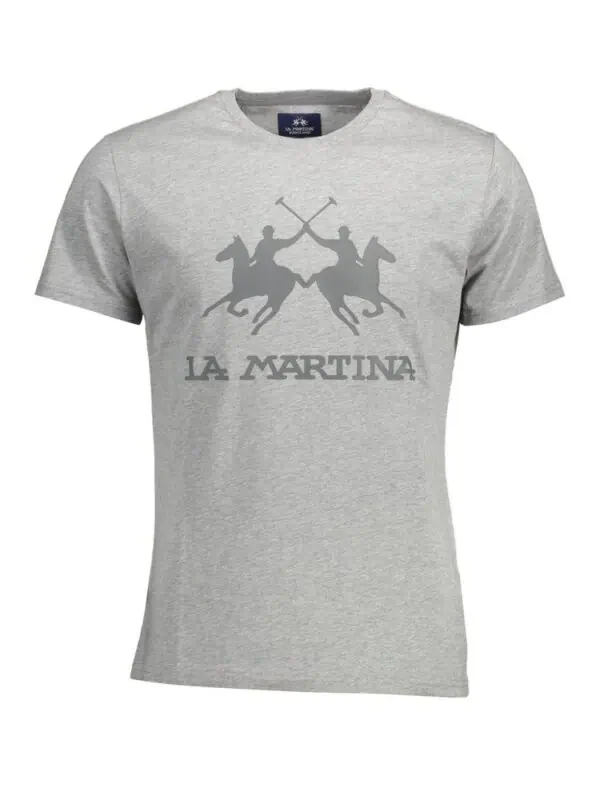 Lux Brands La Martina men's grey graphic t-shirt with polo players illustration and brand logo.