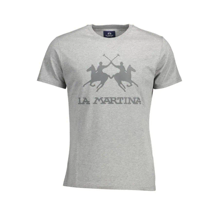 Lux Brands La Martina men's grey graphic t-shirt with polo players illustration and brand logo.