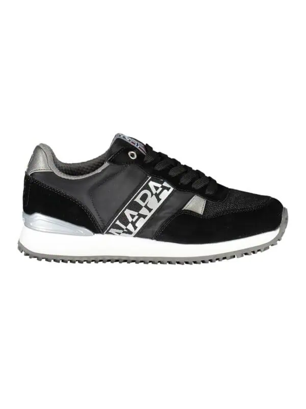 Black and grey luxury designer sneakers with bold logo detail, stylish and comfortable for casual wear. Perfect for fashion-forward individuals.