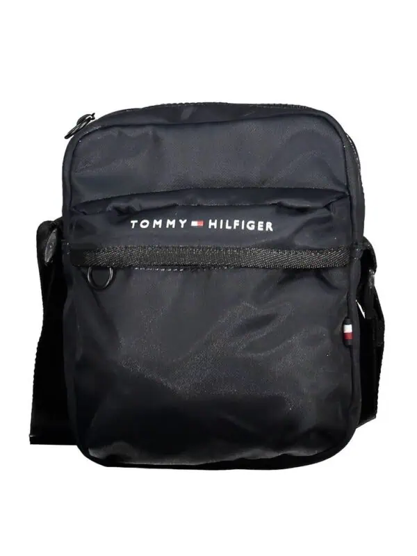 Black Tommy Hilfiger crossbody bag with multiple compartments and brand logo.