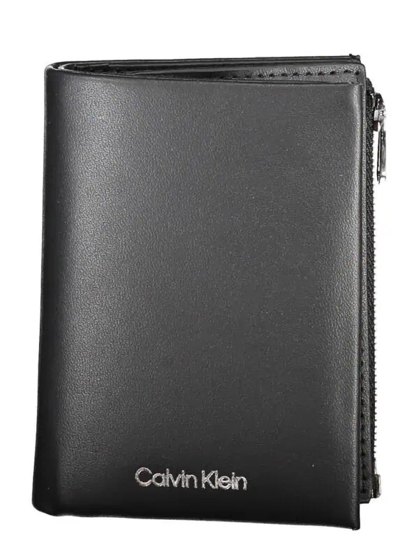 Black Calvin Klein leather zip-around wallet with silver branding and card slots.