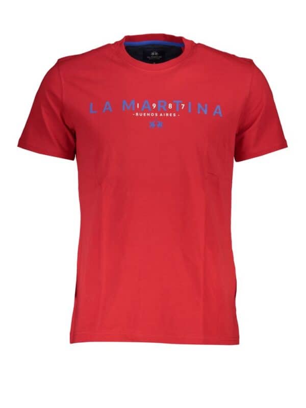 Elevated red graphic t-shirt featuring "La Martinia - Buenos Aires" design in blue, perfect for casual wear and making a bold style statement.