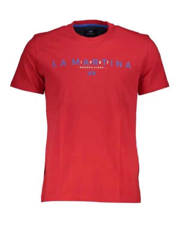 Elevated red graphic t-shirt featuring "La Martinia - Buenos Aires" design in blue, perfect for casual wear and making a bold style statement.