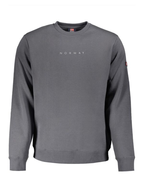 High-quality gray sweatshirt with "NORWAY" text front and brand logo on sleeve, comfortable and stylish for casual wear.