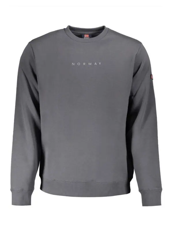 High-quality gray sweatshirt with "NORWAY" text front and brand logo on sleeve, comfortable and stylish for casual wear.