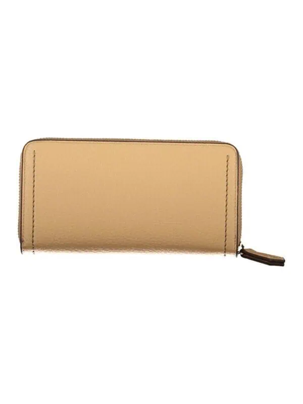 Beige leather zip-around wallet with brown zipper pull for women, luxury fashion accessory.