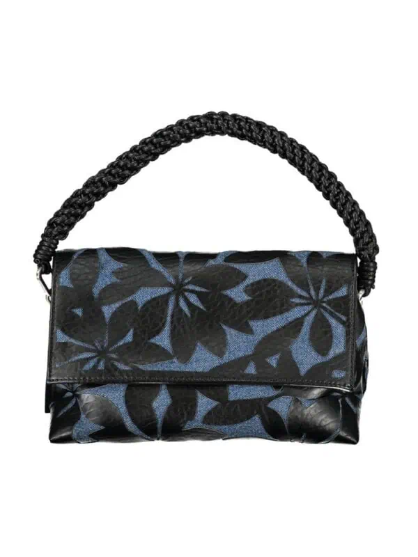 Elegant black and blue floral designer handbag with a woven handle, perfect for luxury fashion statements and upscale events.