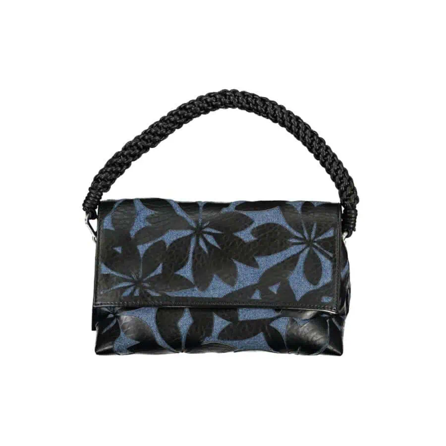 Elegant black and blue floral designer handbag with a woven handle, perfect for luxury fashion statements and upscale events.