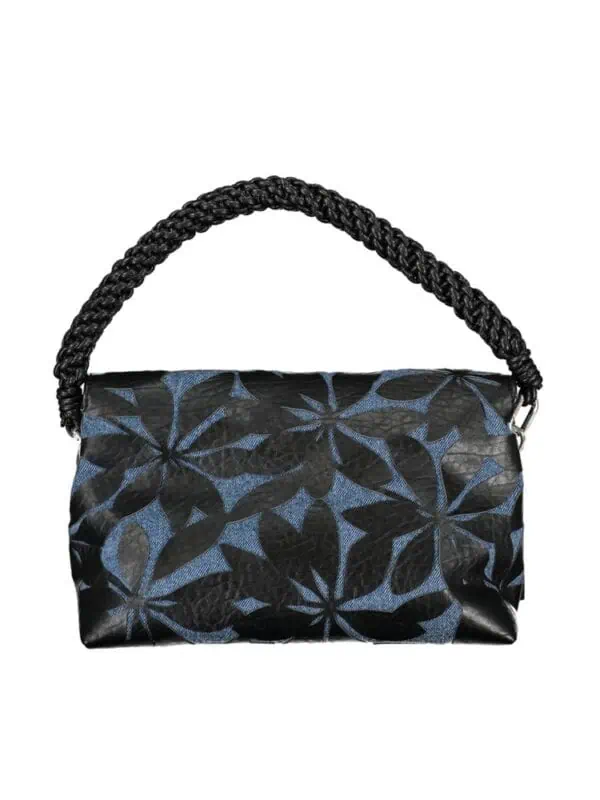 Luxurious black and blue floral-patterned designer handbag with braided handle, perfect for elegant occasions or stylish everyday use.