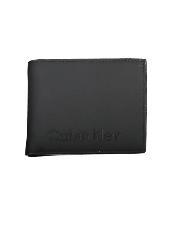 Black Calvin Klein men's wallet with embossed logo, slim and stylish design perfect for everyday use.