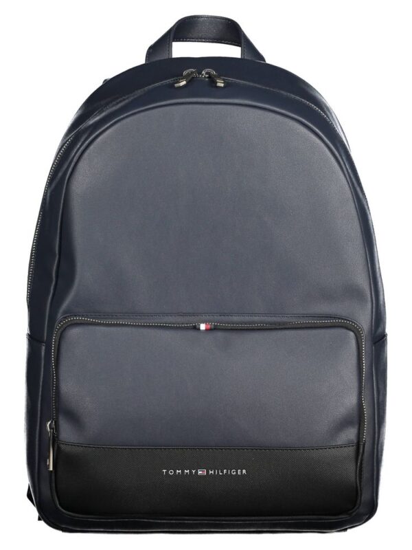 Backpack with navy blue and black color, multiple compartments, and Tommy Hilfiger logo, designed for stylish everyday use and travel.