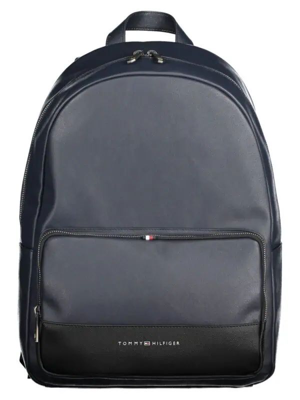 Backpack with navy blue and black color, multiple compartments, and Tommy Hilfiger logo, designed for stylish everyday use and travel.
